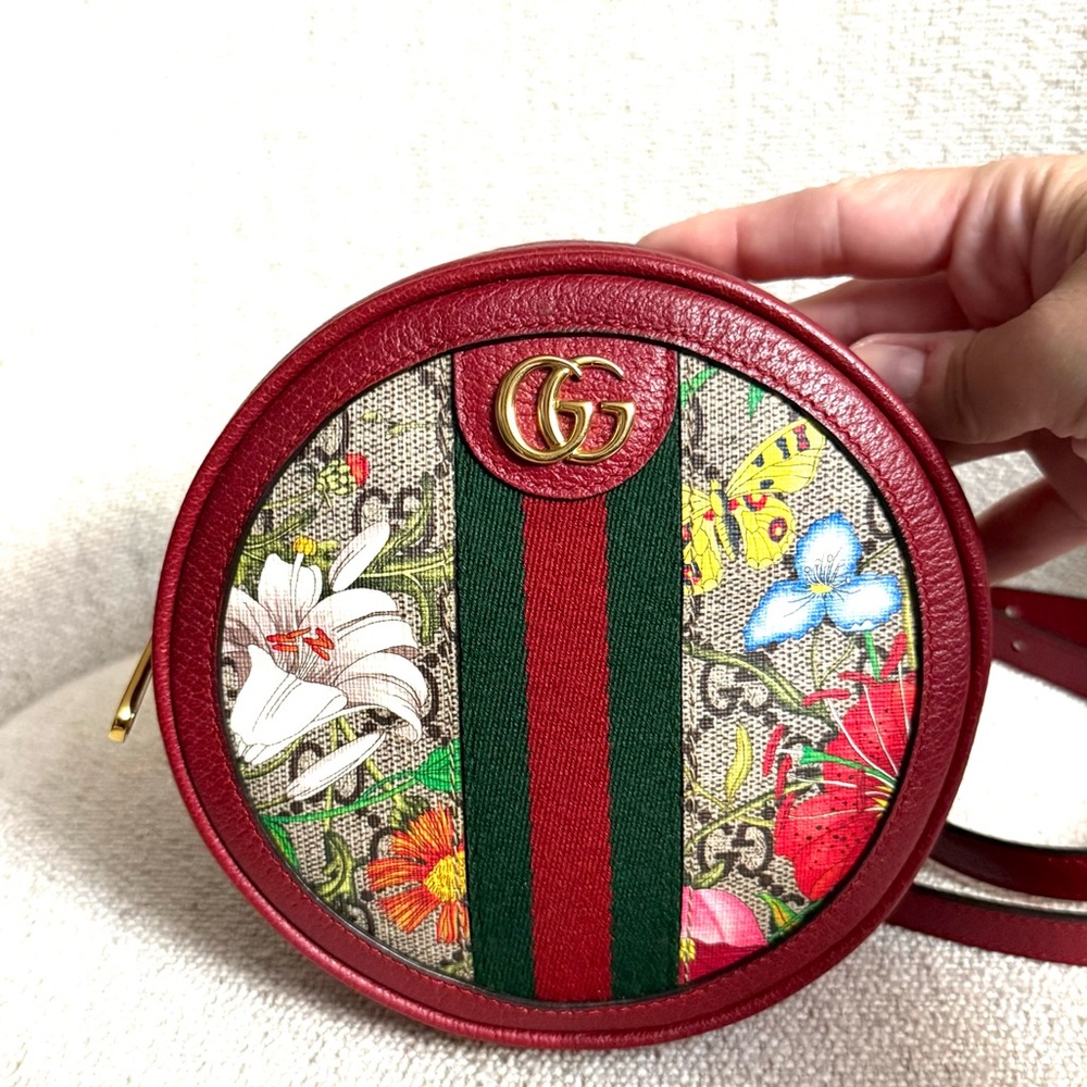 Authentic Gucci Ophidia Mini Round backpack red leather flora pattern canvas - Picture 2 of 16